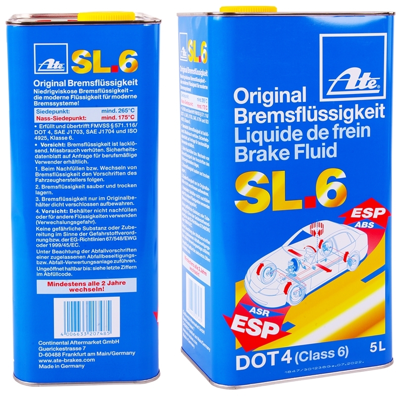 ATE Bremsflüssigkeit SL.6 Dot4, 5 Liter + TECPO Bremsflüssigkeitstester +  Füllkanne, 2L