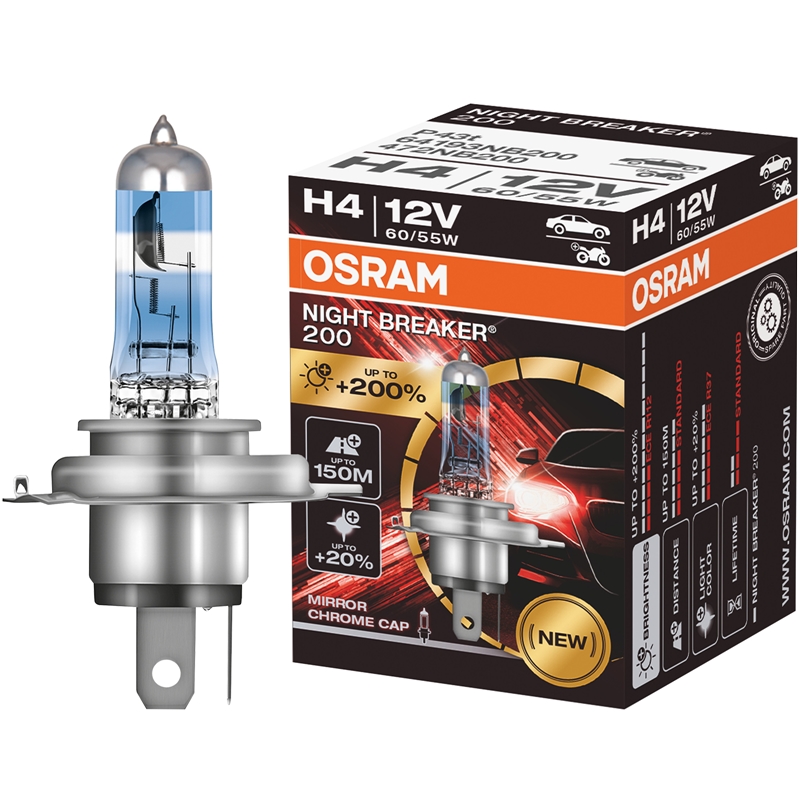 Osram NIGHT BREAKER 200, H4, + 200% Licht, Halogenlampe für