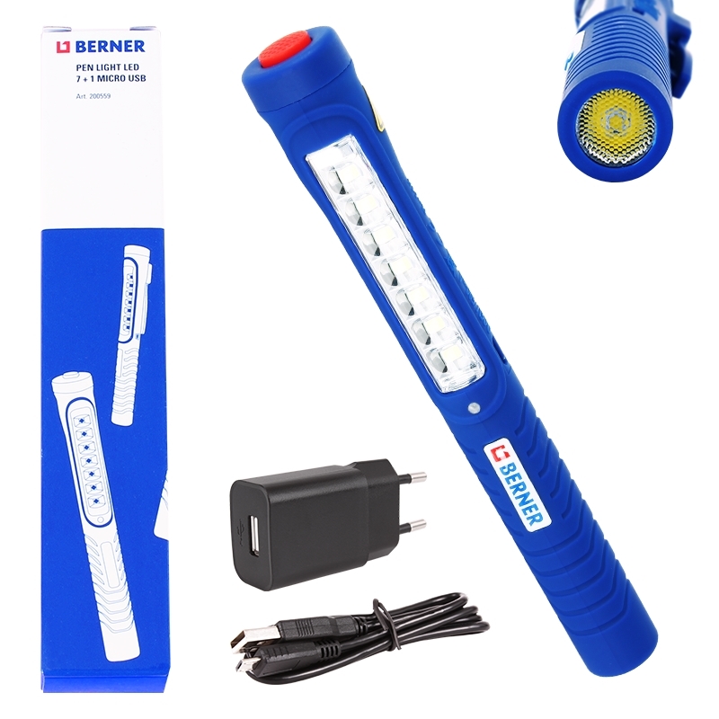 Berner Handlampe LED Pen Light 7+1 Micro USB + Ladegerät