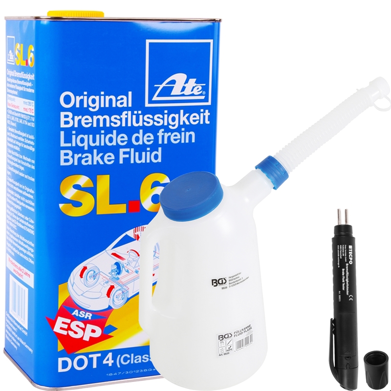 ATE Bremsflüssigkeit SL.6 Dot4, 5 Liter + TECPO Bremsflüssigkeitstester +  Füllkanne, 2L