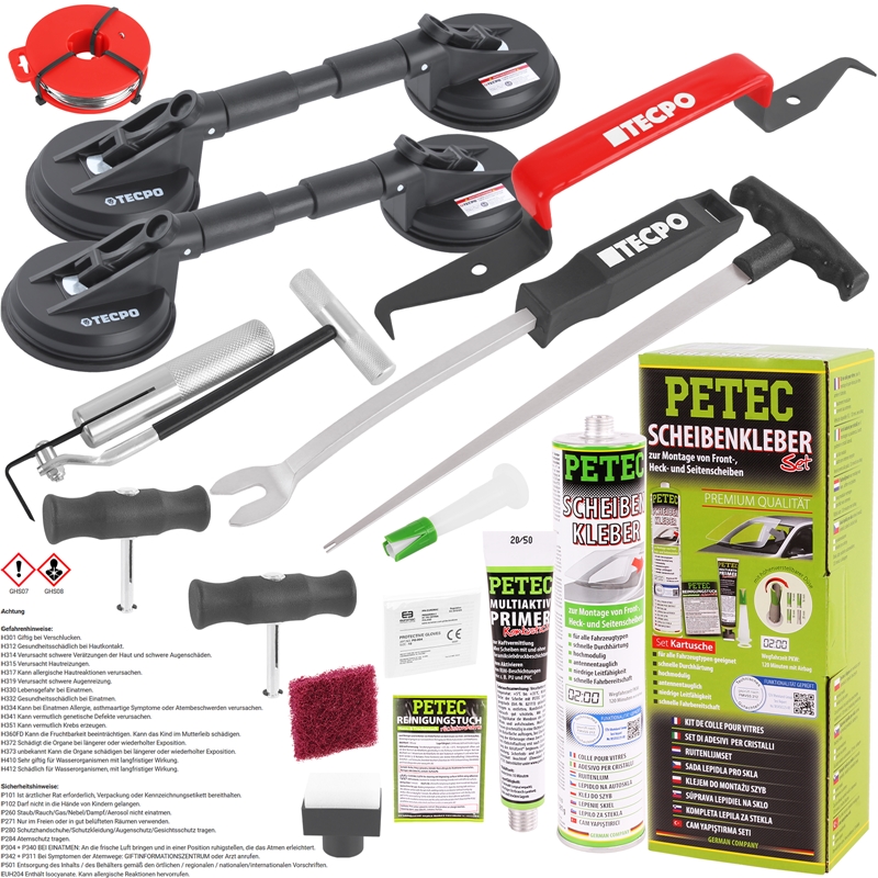PETEC Scheibenkleber-Set 310mL + TECPO Ausbau-Werkzeug + 2x TECPO
