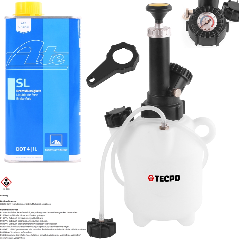 TECPO Druckluft-Bremsenentlüftungsgerät + - ATE Bremsflüssigkeit