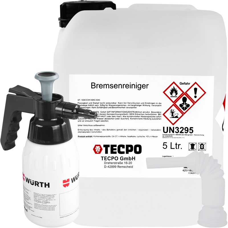 TECPO Bremsenreiniger 5L Kanister + WÜRTH Pumpsprühflasche + Trichter