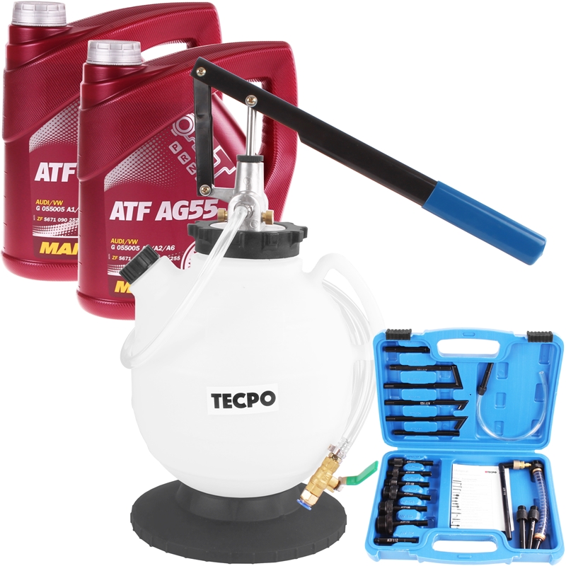 TECPO Getriebeöl-Einfüllgerät 7,5 L mit 15 Adaptern + MANNOL ATF AG55,  Automatikgetriebeöle, 8 Liter